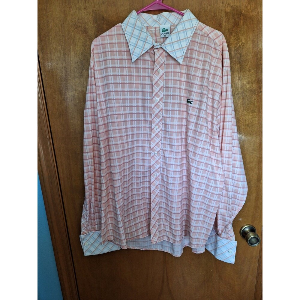Lacoste Striped Button Down Shirt Mens XL Orange White Long Sleeve Flip Cuff